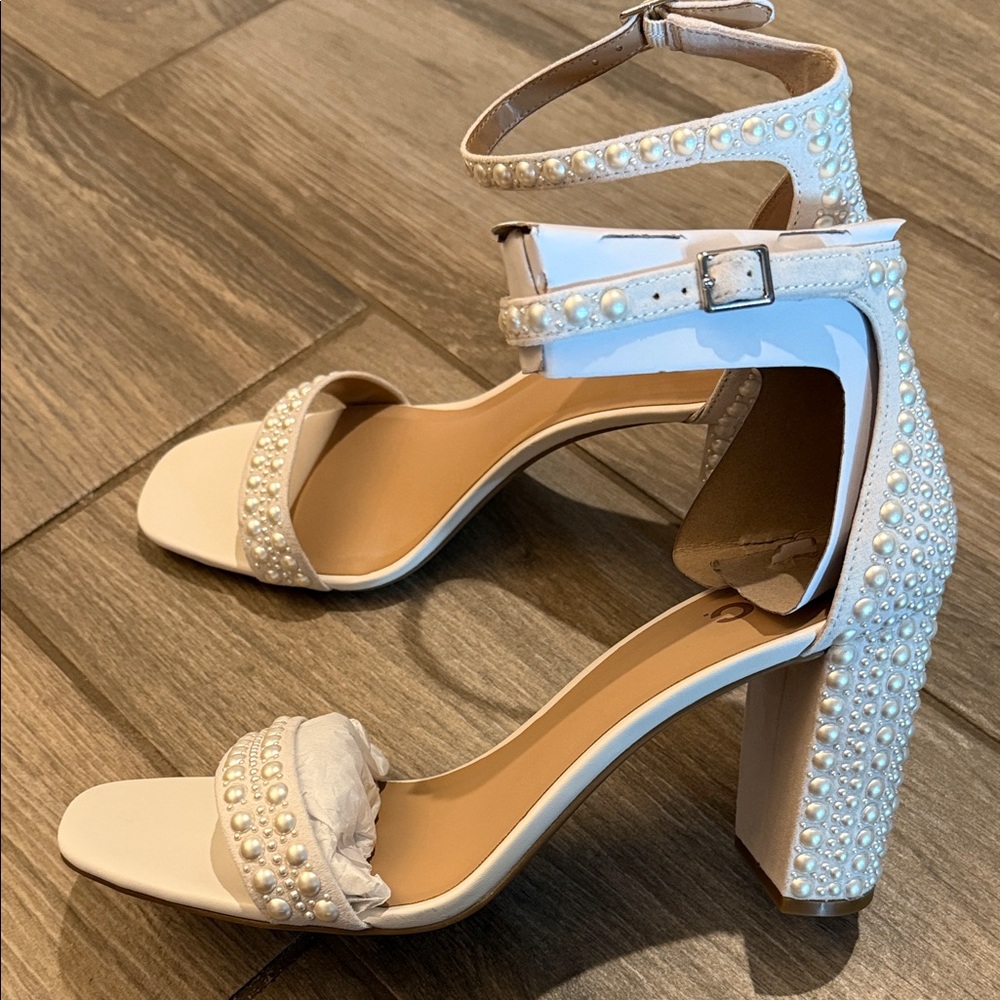 INC International Concepts White Pearl-Embellished Ankle-Strap Block Heel - Picture 8 of 9